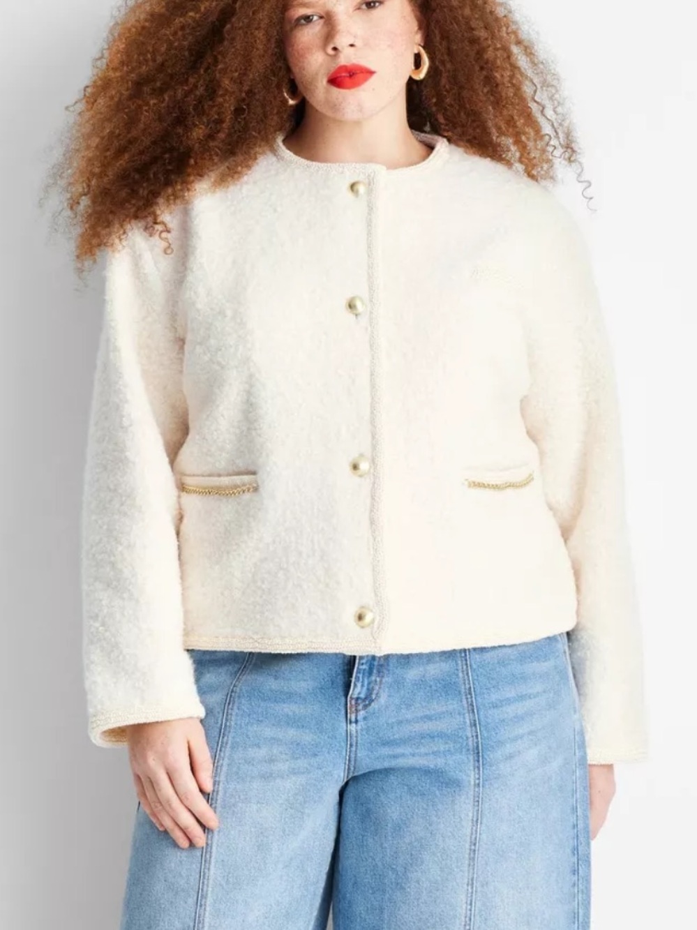 FUTURE COLLECTIVE WOMENS TEDDY LADY CHAIN JACKET LARGE WHITE/CREAM GOLD